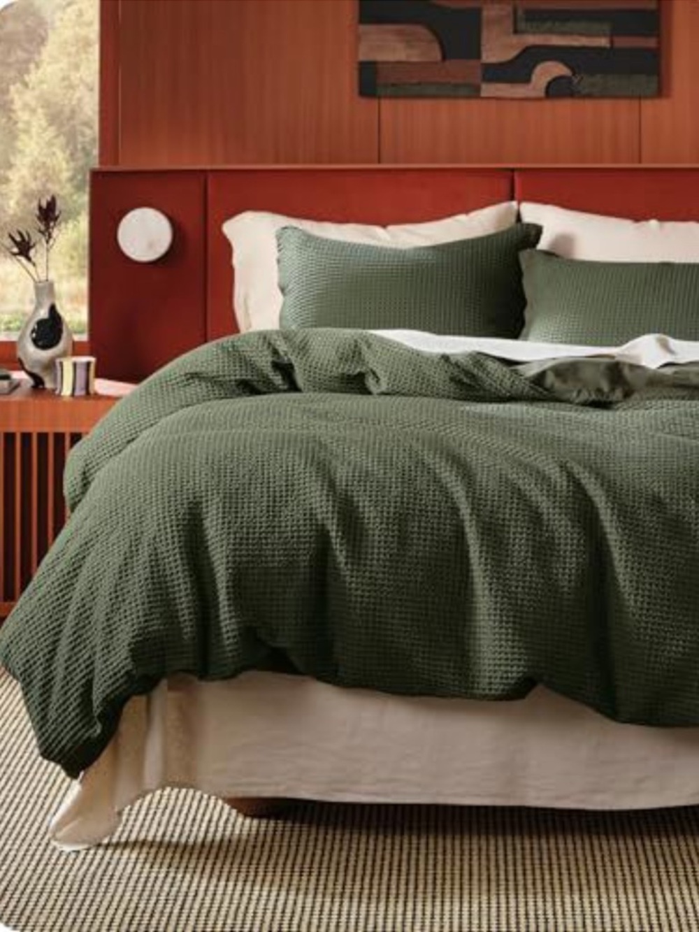 NEW Bedsure Cotton Duvet Cover Queen - 100% Cotton Waffle Weave Olive Green